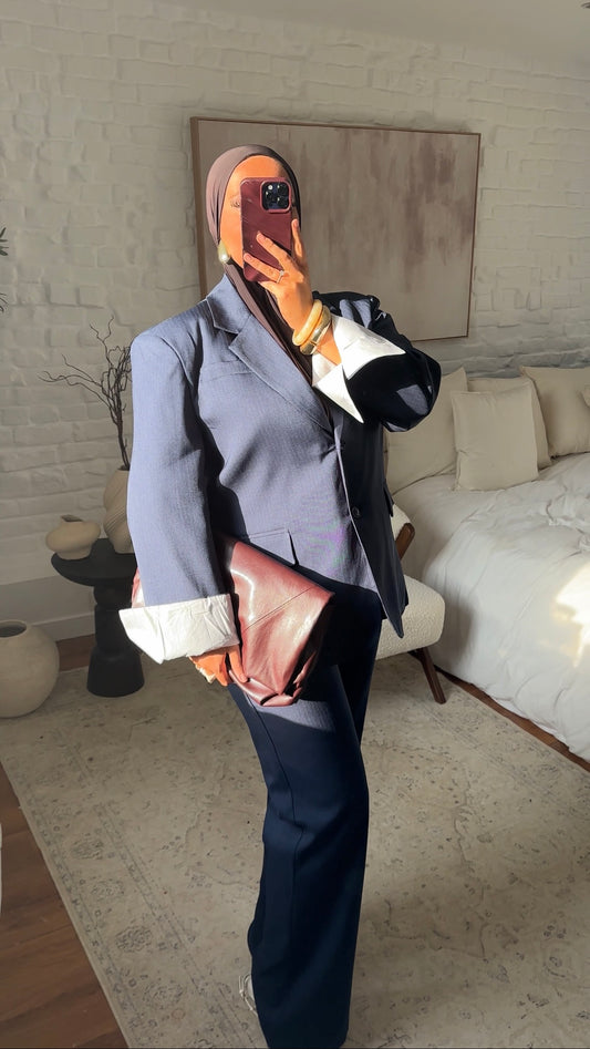 Set blazer oversize rayé et pantalon ultra long rayé oversize droit | Bleu marine