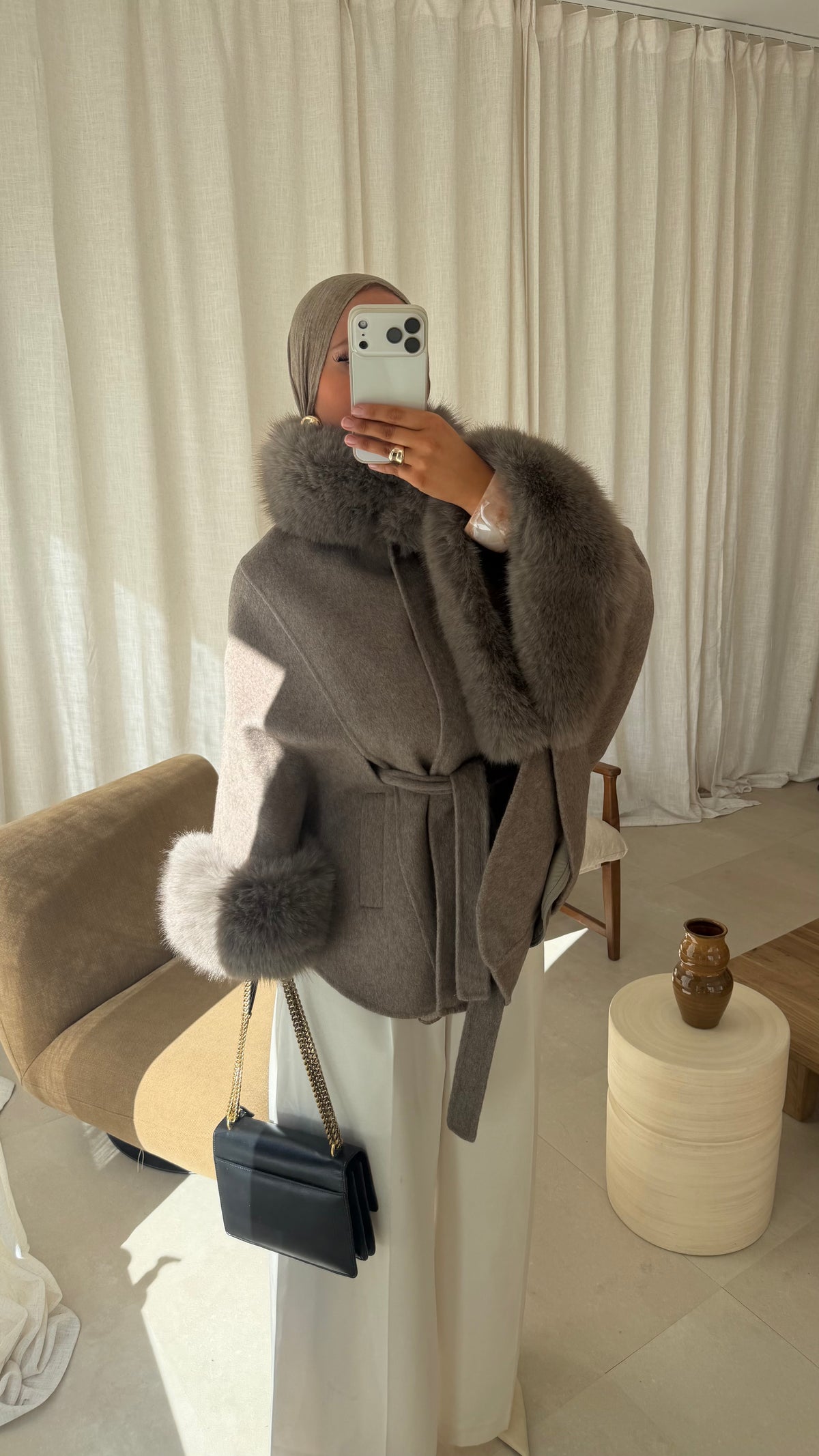 [GAMME LUXE] Manteau en laine à fourrure amovible cousu main | Taupe