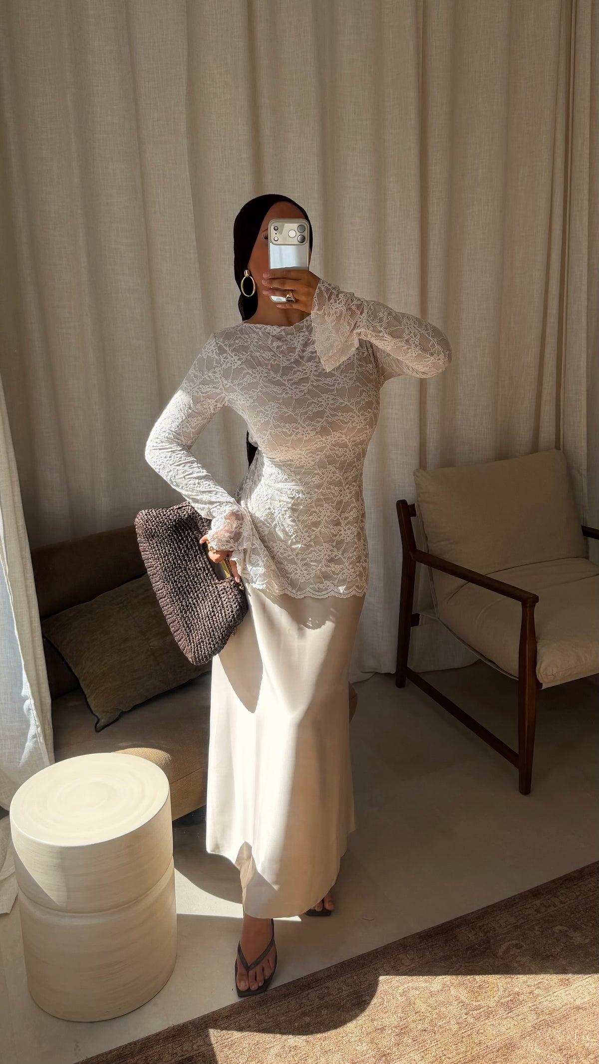 Robe bi matière en dentelle | Beige