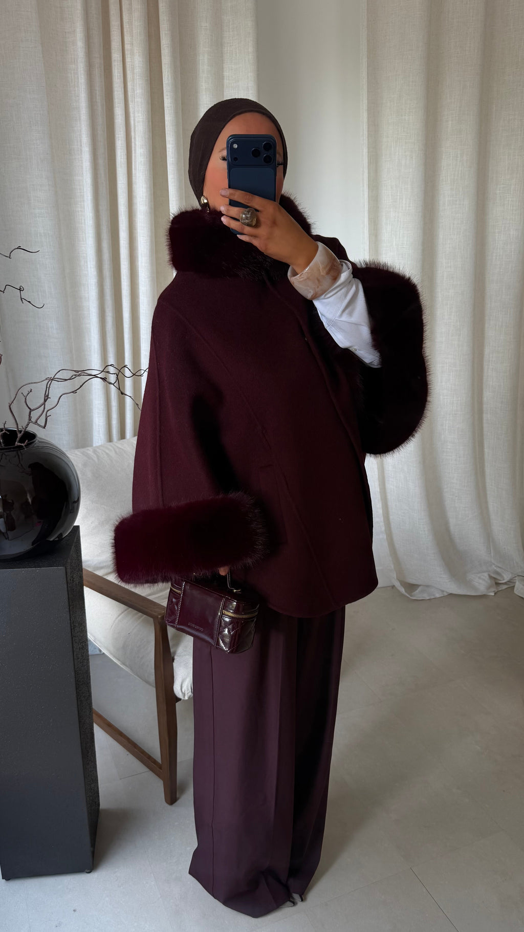 [GAMME LUXE] Manteau en laine à fourrure amovible cousu main | Bordeaux