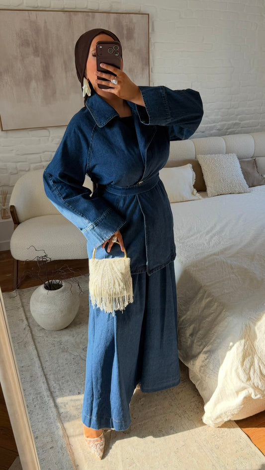 Ensemble en jean deux pièces à jupe longue et ceinture SYRA | Bleu jean