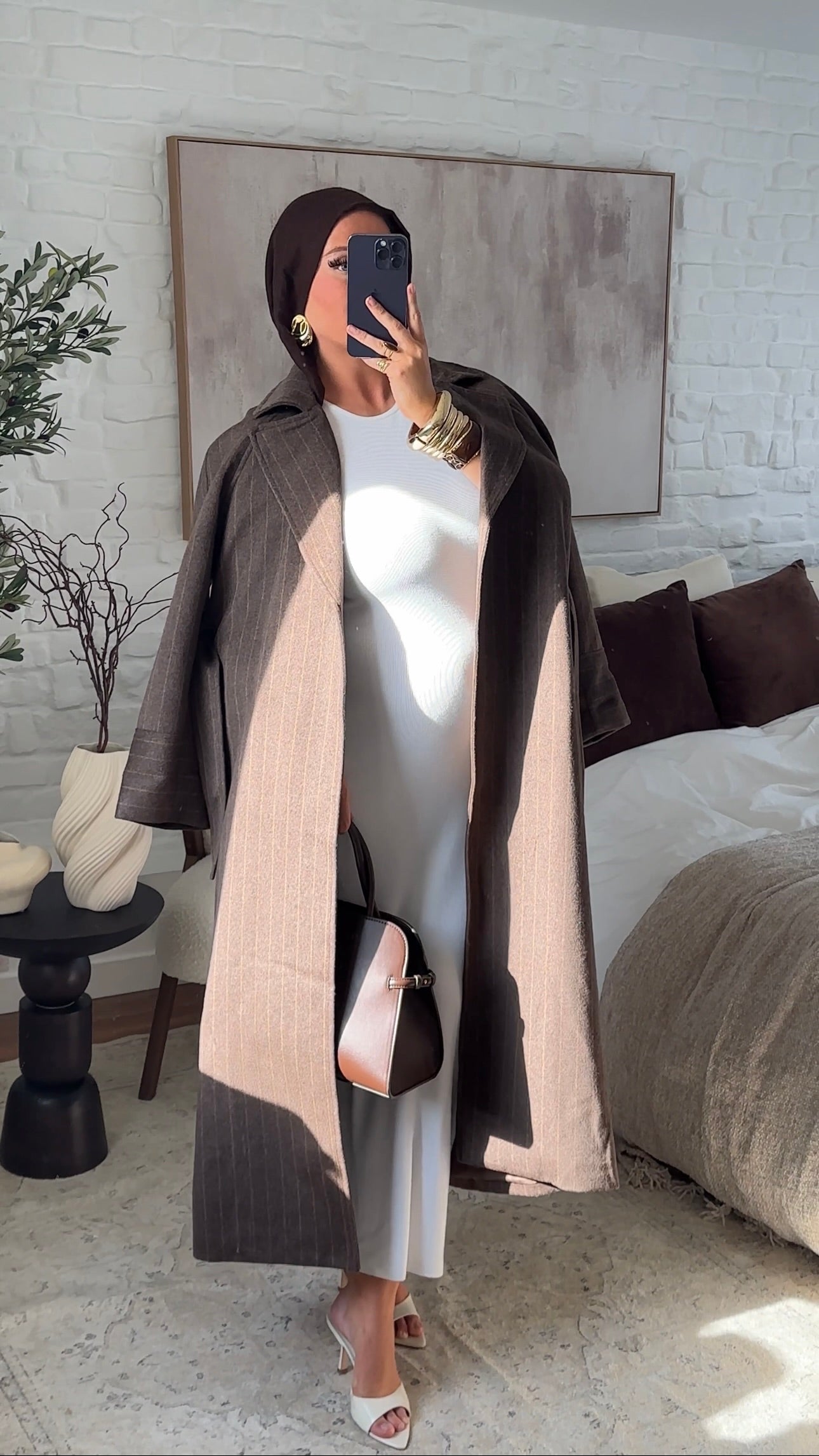 [GAMME PREMIUM] Manteau long en laine véritable fait main à ceinture avec rayures | Marron