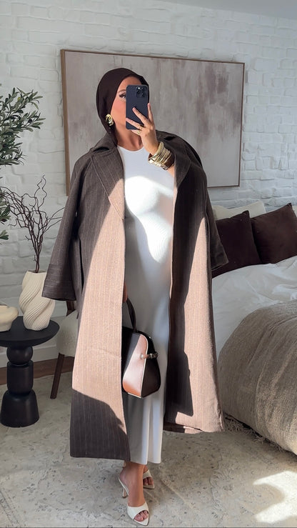 [GAMME PREMIUM] Manteau long en laine véritable fait main à ceinture avec rayures | Marron
