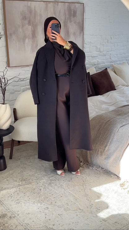[GAMME PREMIUM] Manteau ultra long en laine véritable | Marron dark chocolat