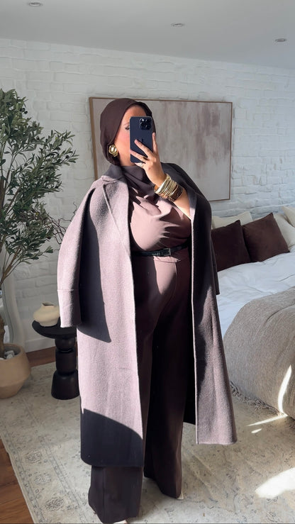 [GAMME PREMIUM] Manteau long en laine véritable fait main à ceinture | Marron dark chocolat