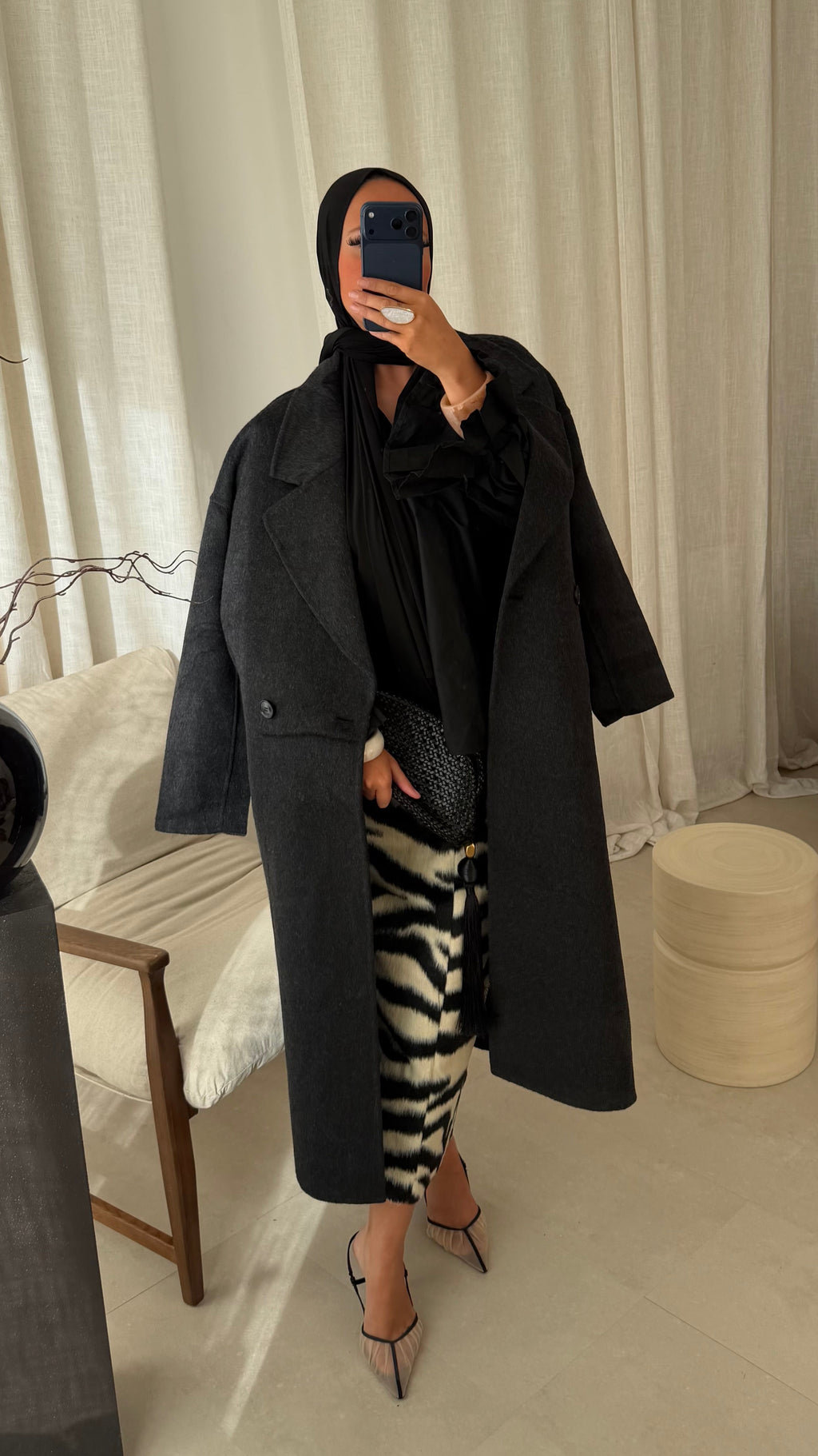 [GAMME PREMIUM] Manteau ultra long en laine véritable | Noir