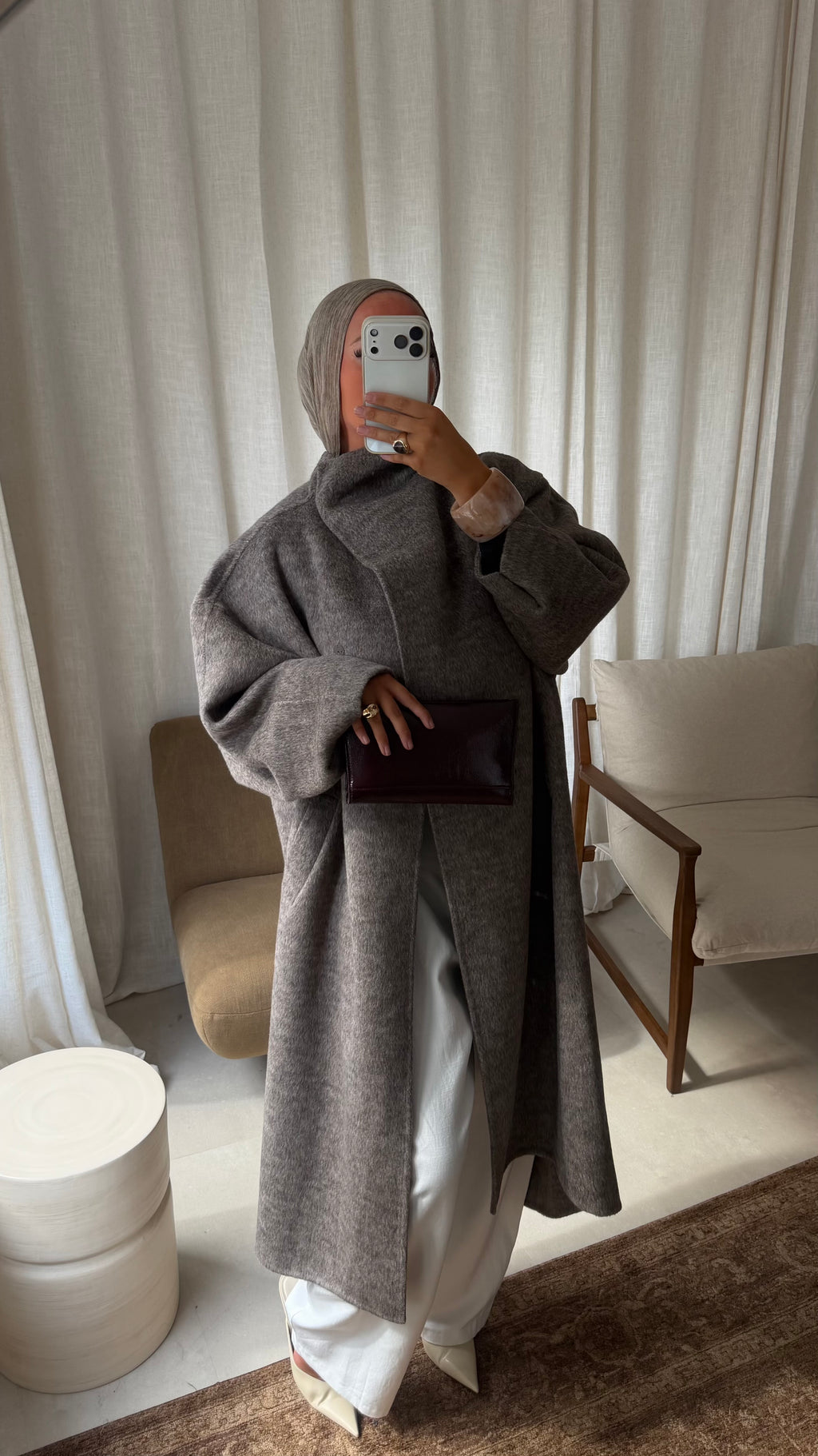 [GAMME LUXE] Manteau long cousu main en laine véritable | Taupe