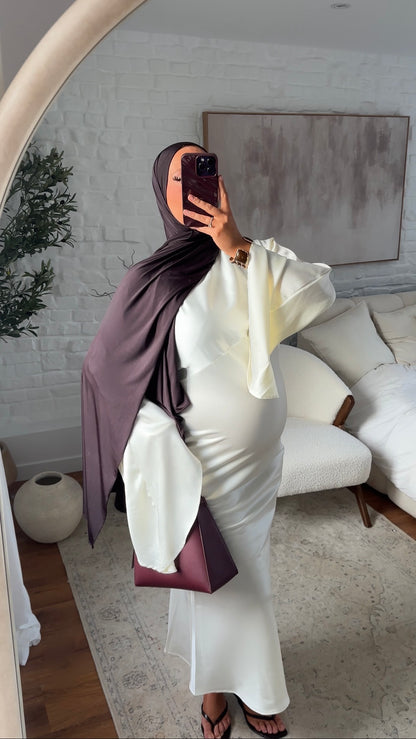 Robe longue satinée à manches évasées MINEL Blanc | Pré-commande