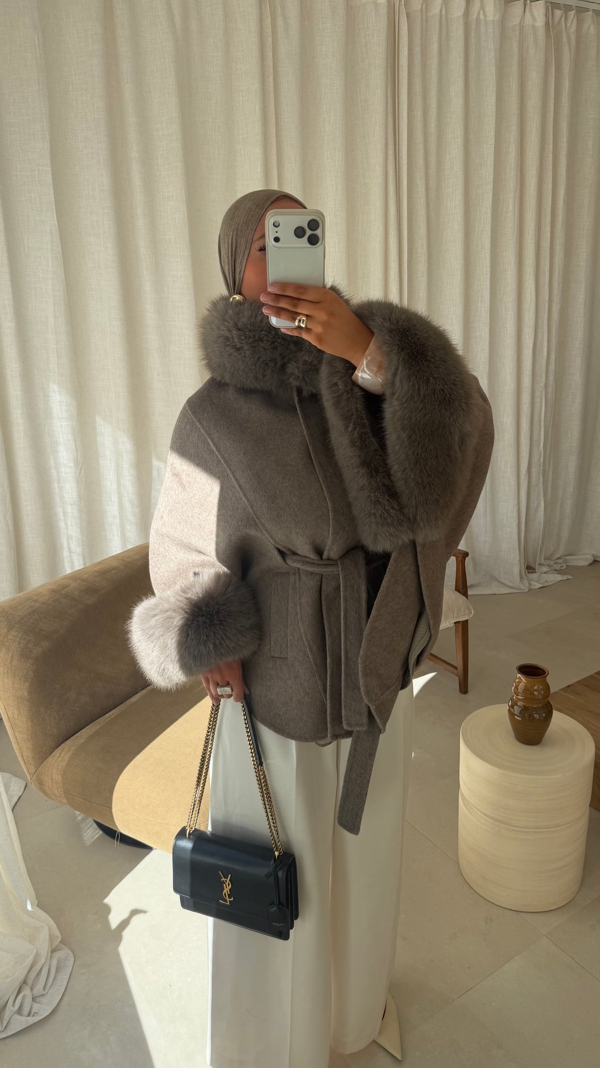 [GAMME LUXE] Manteau en laine à fourrure amovible cousu main | Taupe
