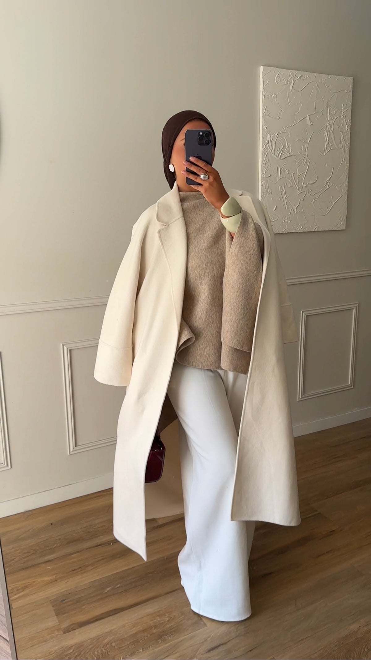 [GAMME PREMIUM] Manteau long en laine véritable fait main à ceinture | Écru