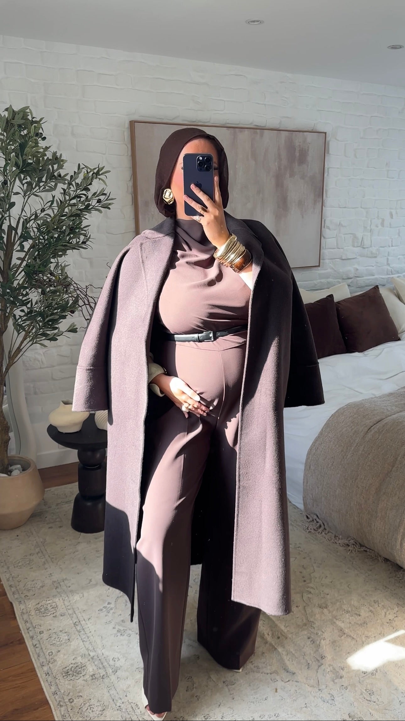 [GAMME PREMIUM] Manteau long en laine véritable fait main à ceinture | Marron dark chocolat