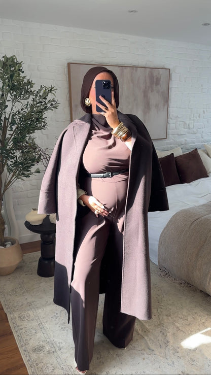 [GAMME PREMIUM] Manteau long en laine véritable fait main à ceinture | Marron dark chocolat