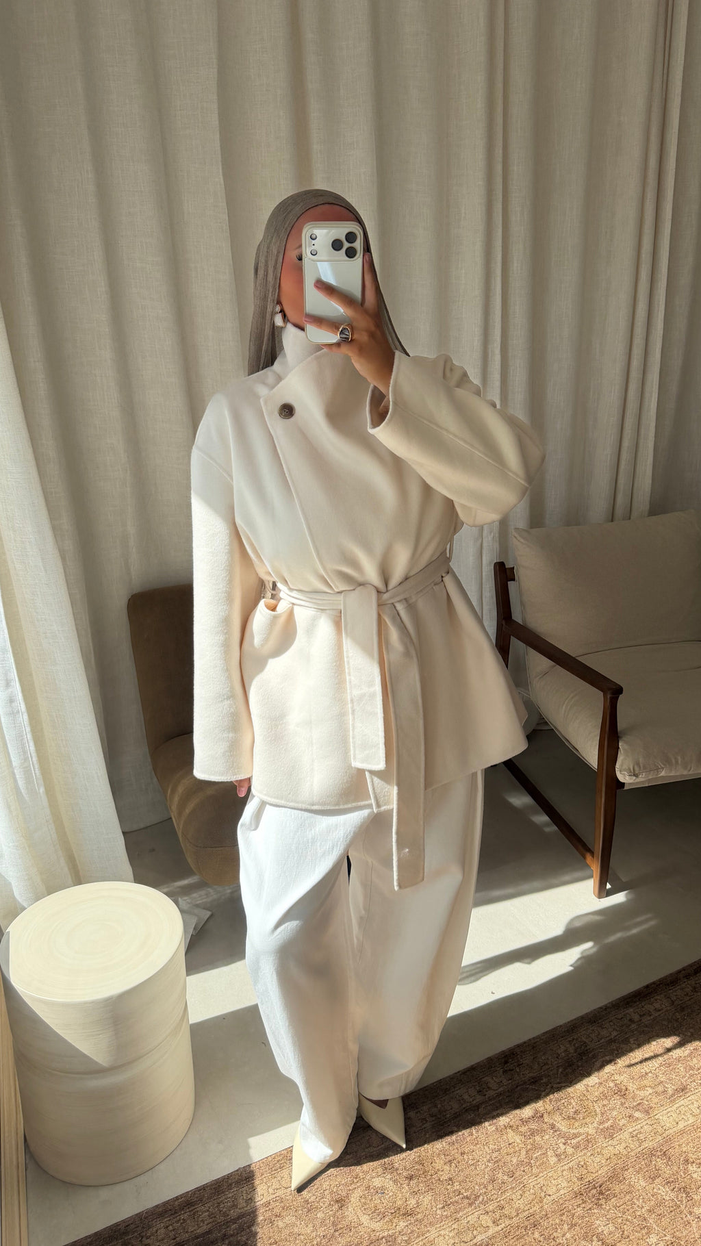 [GAMME LUXE] Manteau mi long en laine véritable à ceinture fait main | Écru