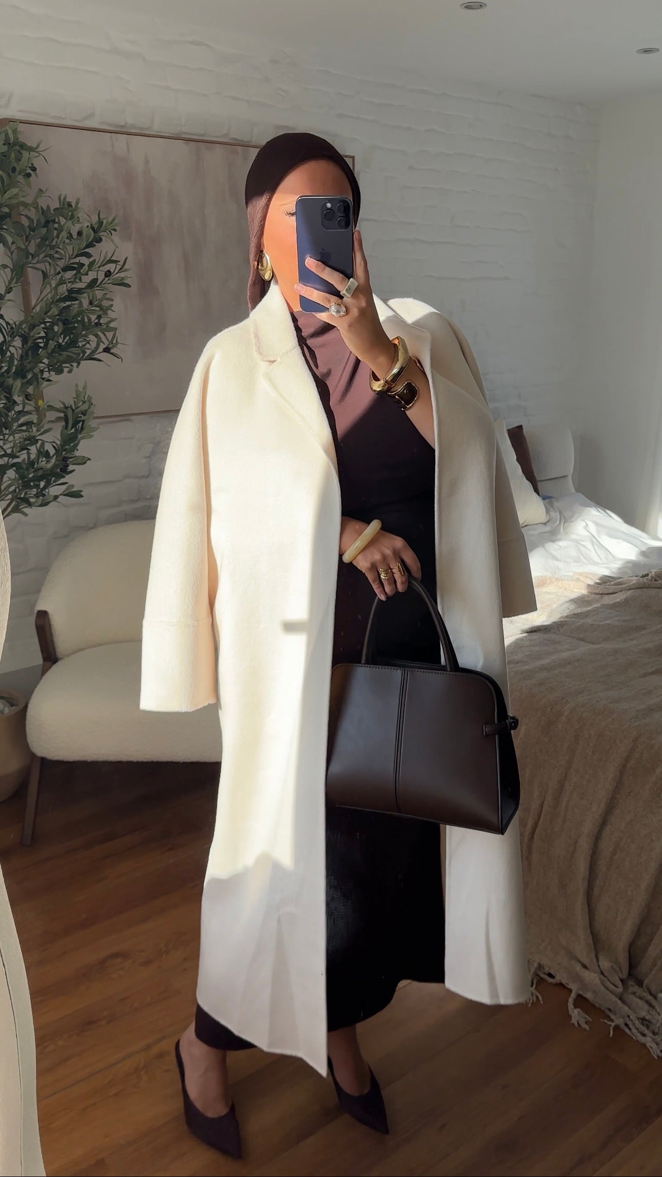 [GAMME PREMIUM] Manteau long en laine véritable fait main à ceinture | Écru