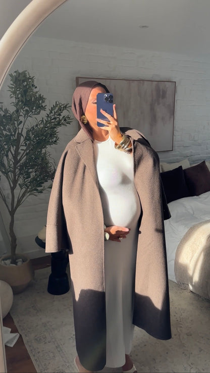 [GAMME LUXE] Manteau long en laine véritable fait main à ceinture | Marron