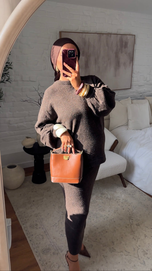 Ensemble comfy en laine véritable jupe longue et pull long | Marron