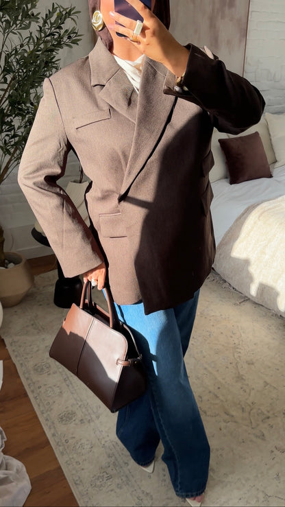 [GAMME PREMIUM] Blazer oversize cache cœur en lin | Marron