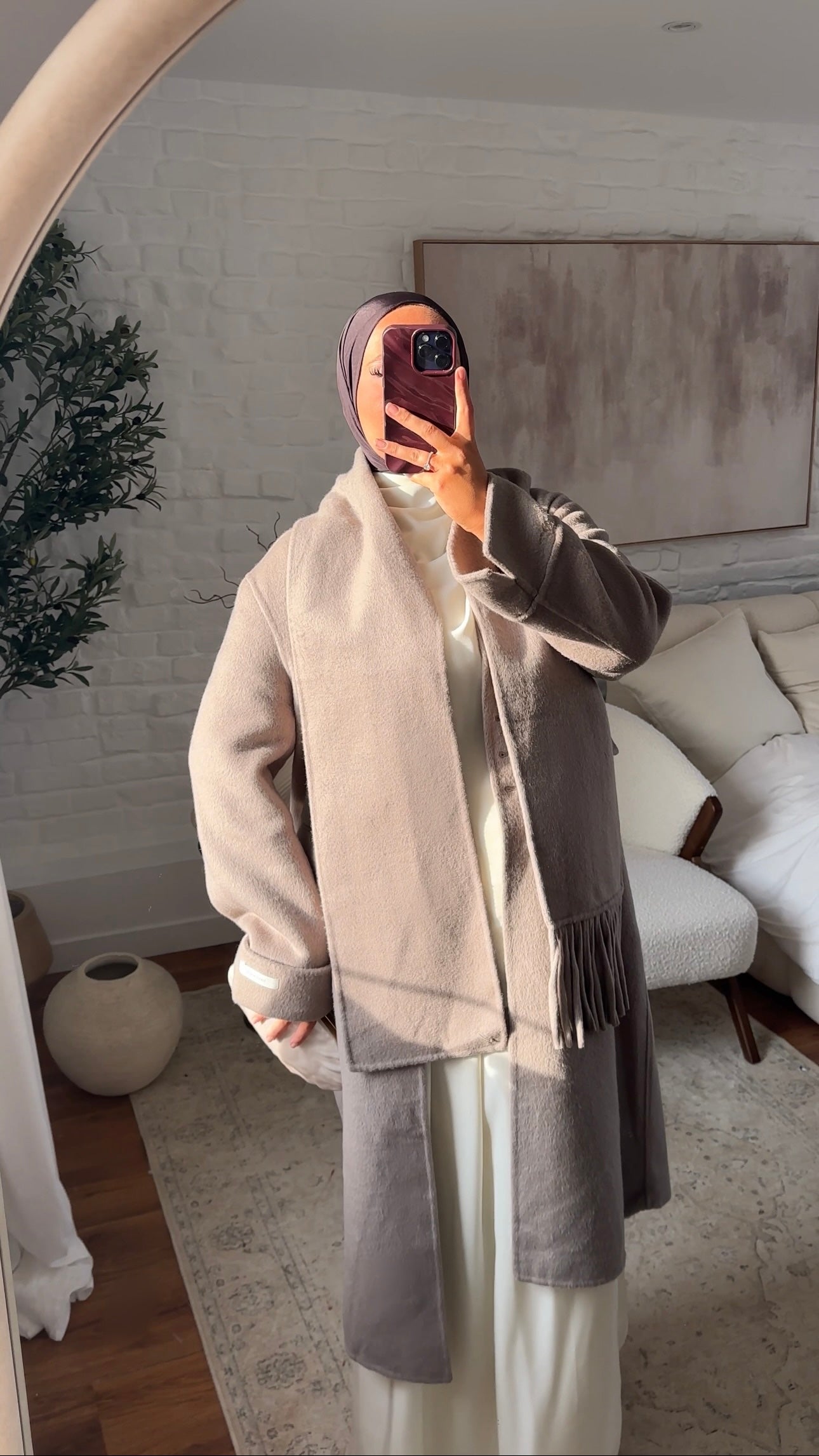 [GAMME LUXE] Manteau long ultra doux en laine véritable ultra chaud à écharpe | Beige