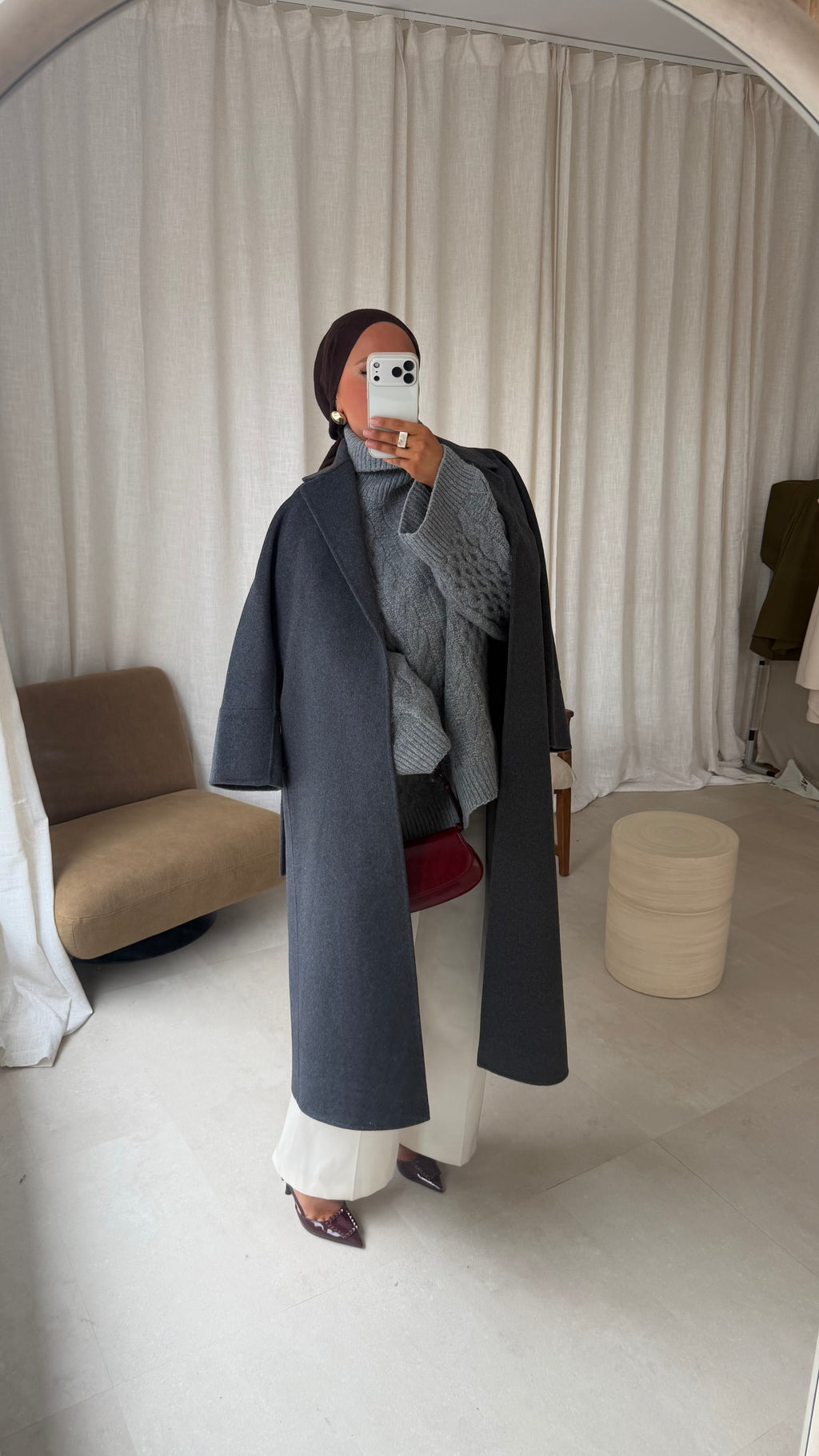 [GAMME PREMIUM] Manteau long en laine véritable fait main à ceinture | Gris