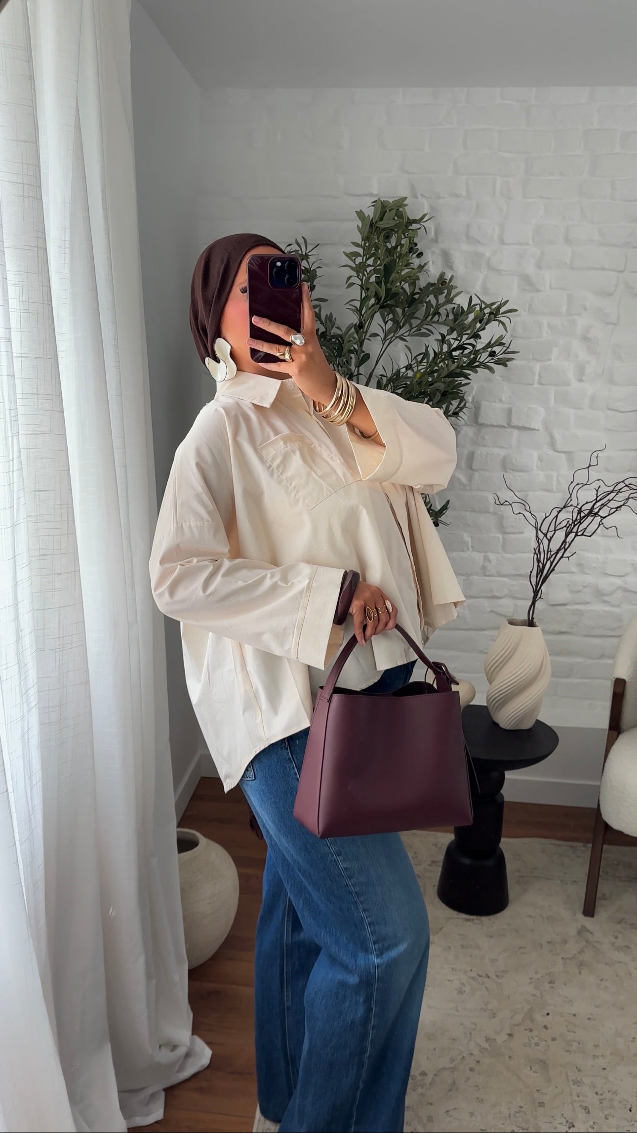 Chemise mi longue en coton | Beige
