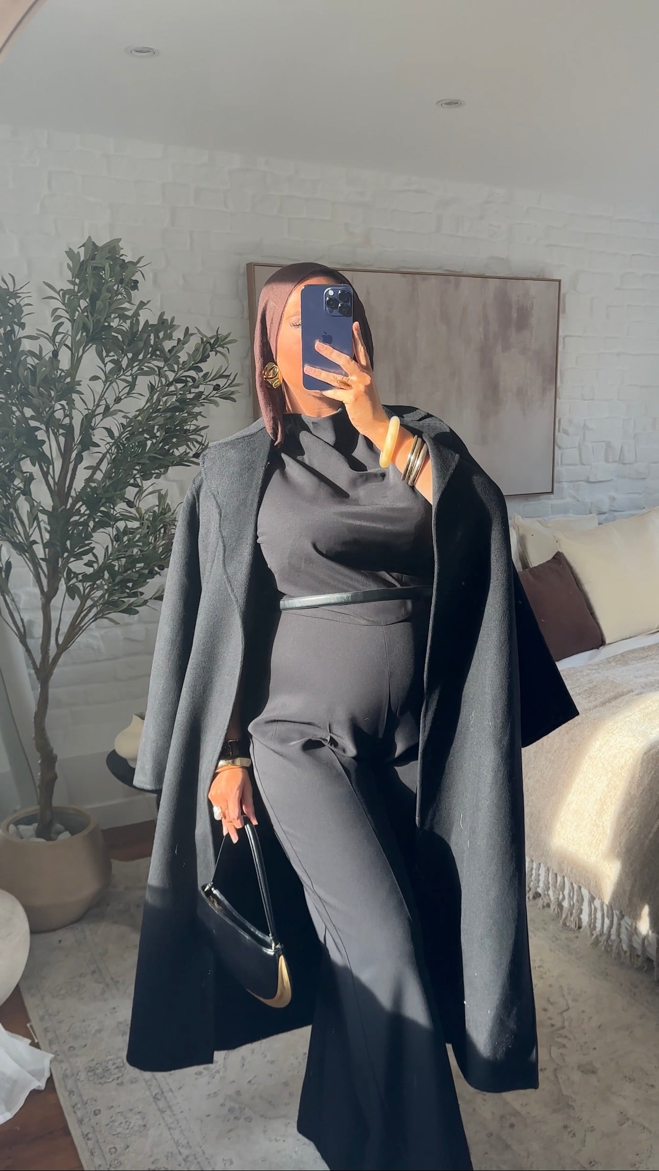 [GAMME PREMIUM] Manteau long en laine véritable fait main à ceinture | Noir