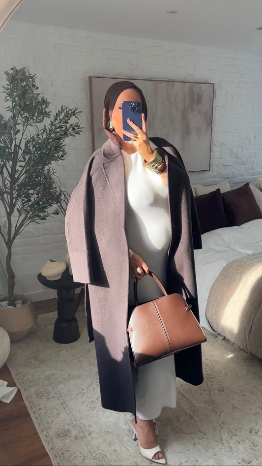 [GAMME PREMIUM] Manteau long en laine véritable fait main à ceinture | Marron dark chocolat