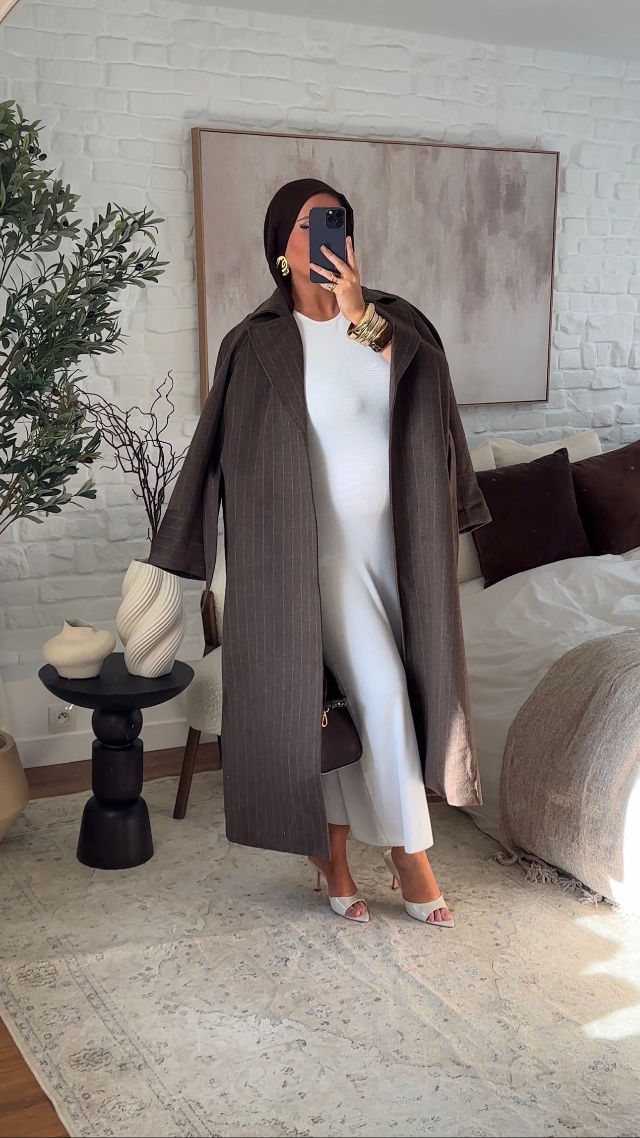 [GAMME PREMIUM] Manteau long en laine véritable fait main à ceinture avec rayures | Marron