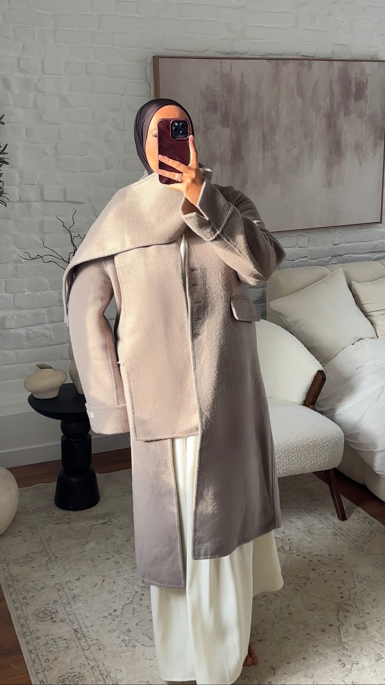 [GAMME LUXE] Manteau long ultra doux en laine véritable ultra chaud à écharpe | Beige
