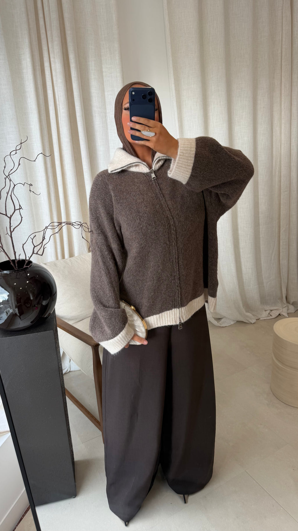 Pull ultra doux à zip bicolore MATHILDE | Marron et crème