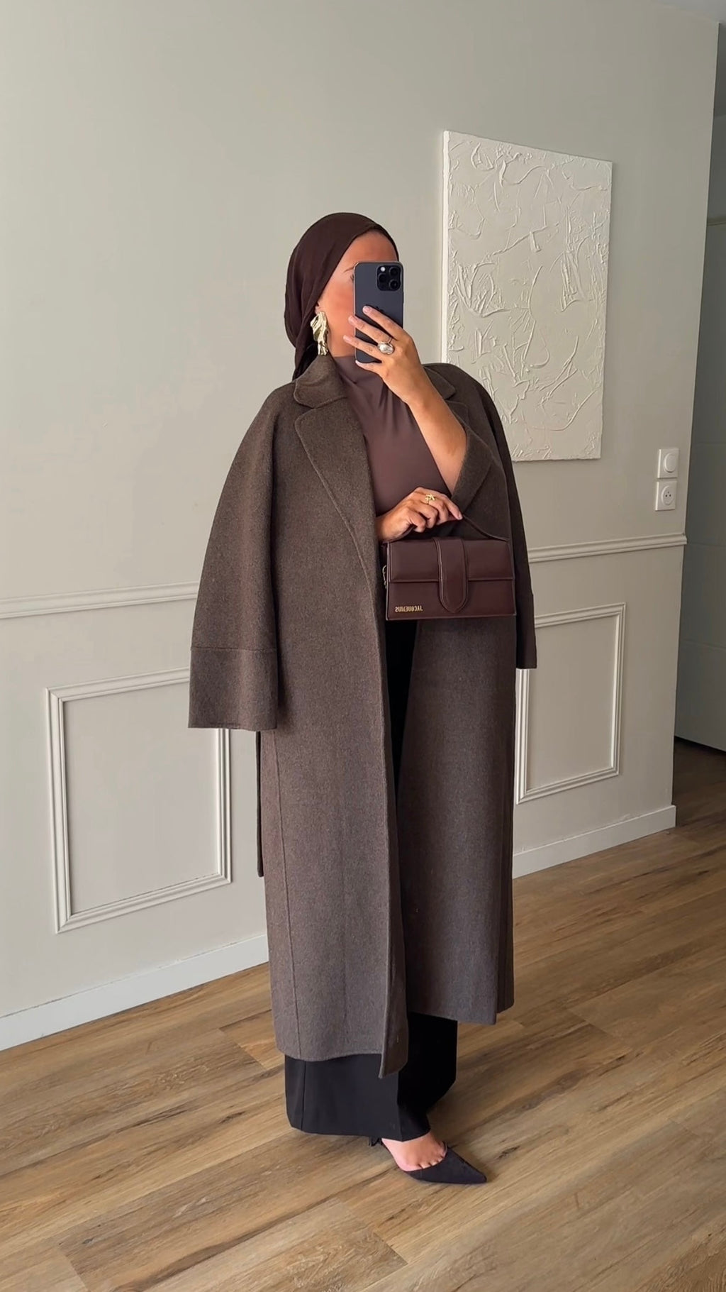 [GAMME LUXE] Manteau long en laine véritable fait main à ceinture | Marron