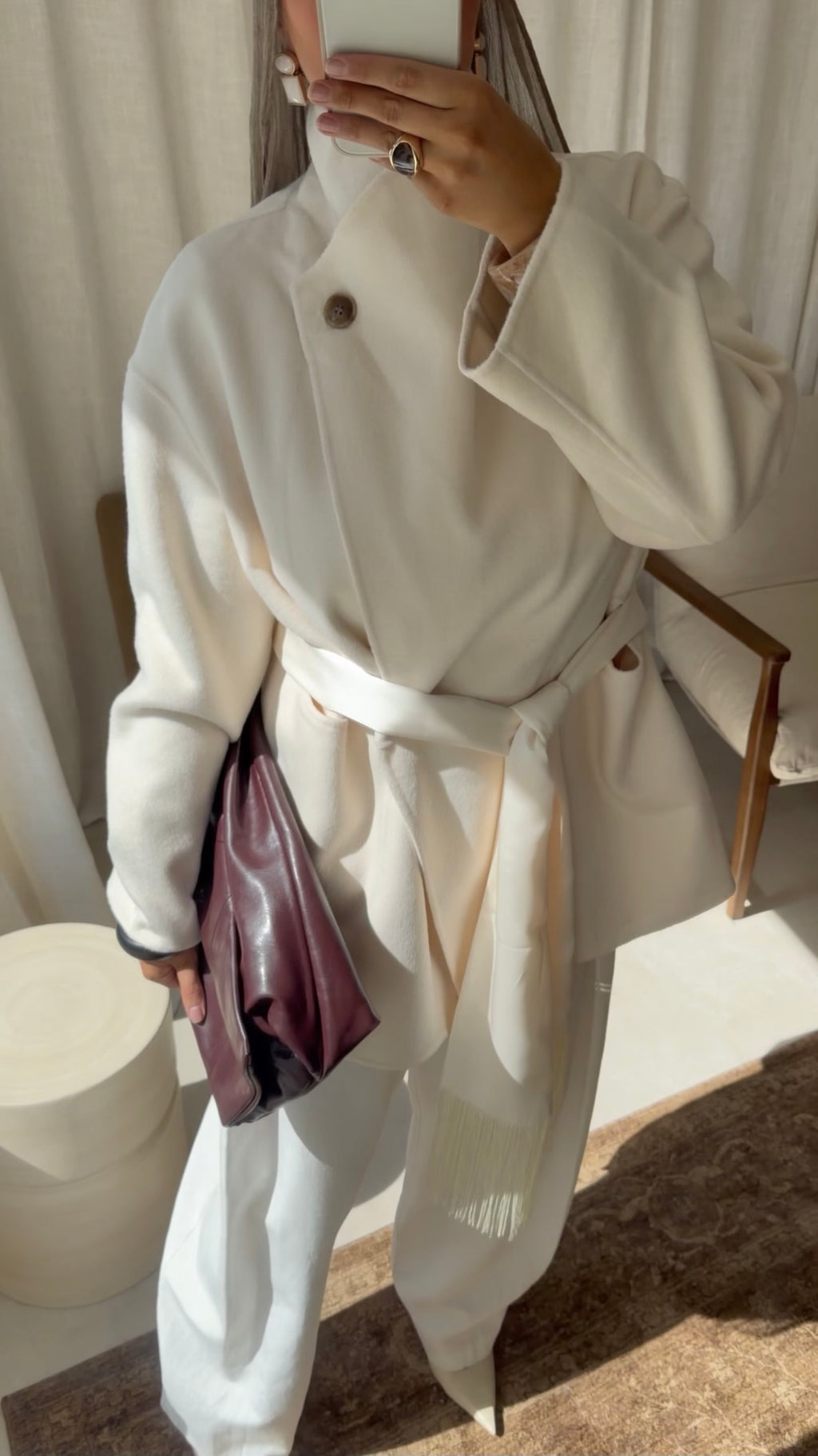 [GAMME LUXE] Manteau mi long en laine véritable à ceinture fait main | Écru