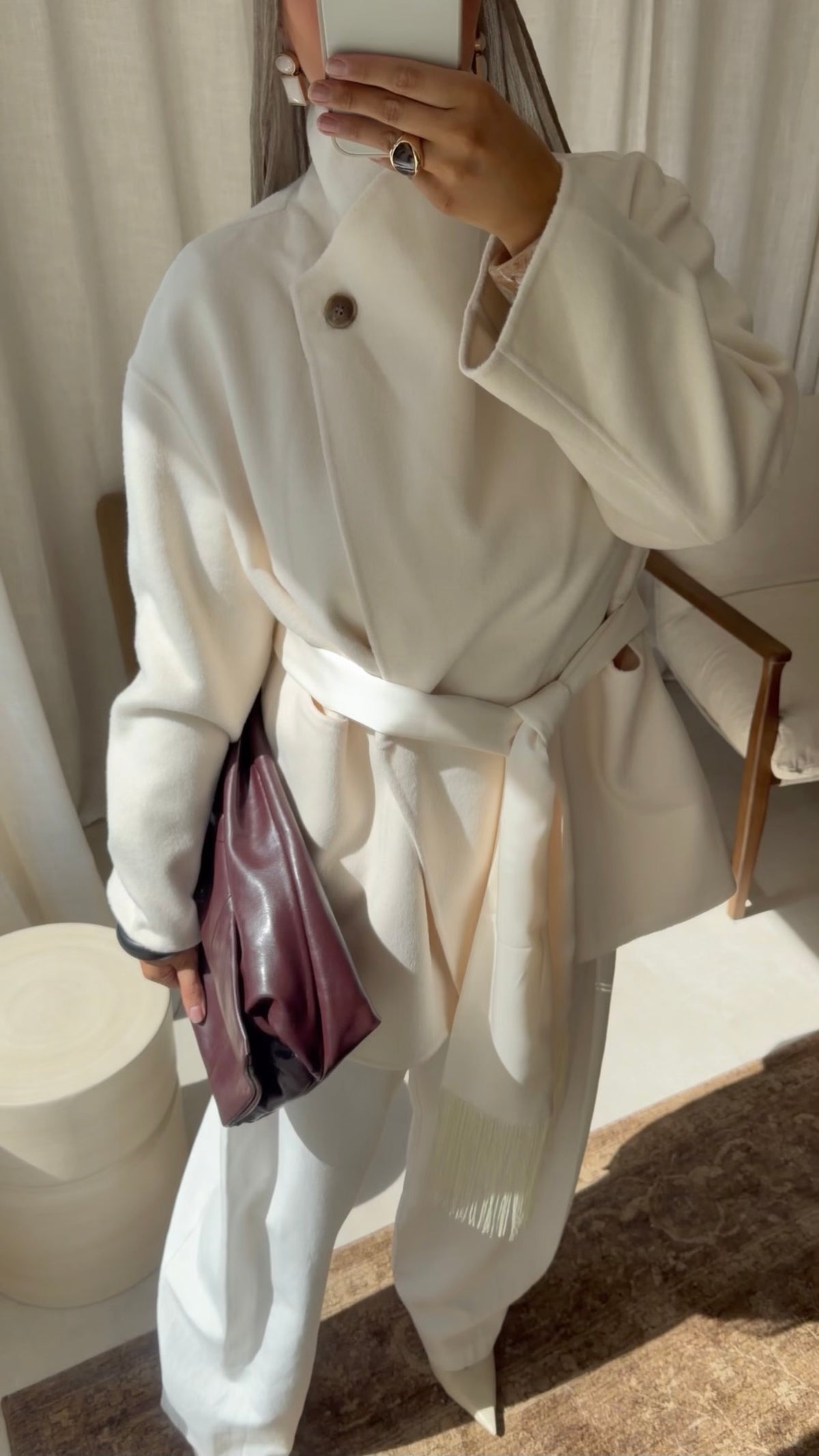 [GAMME LUXE] Manteau mi long en laine véritable à ceinture fait main | Écru