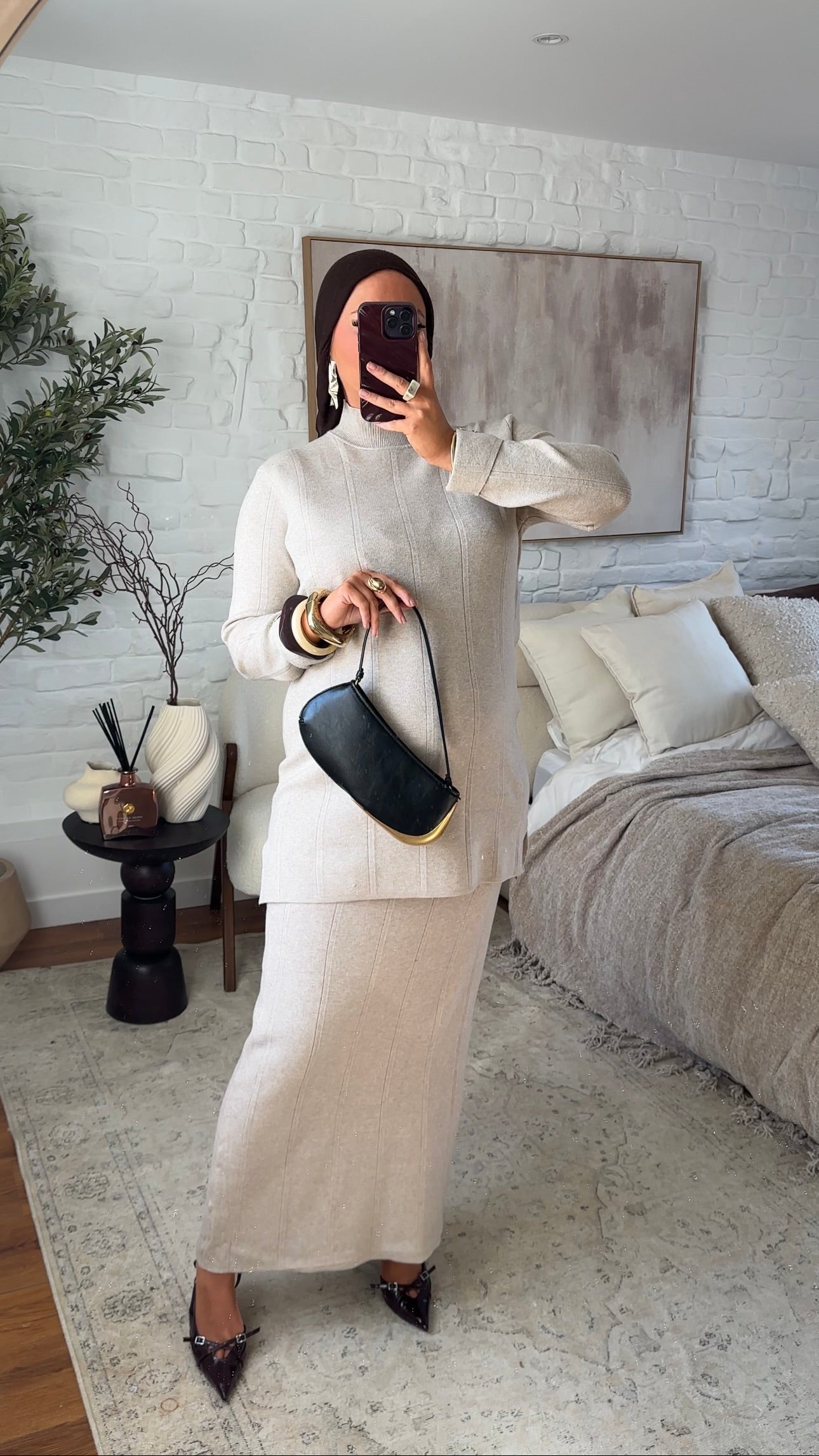 Ensemble comfy en maille à jupe longue et col montant | Beige