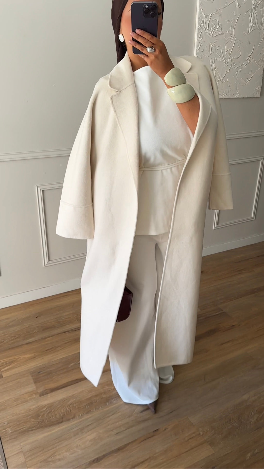 [GAMME PREMIUM] Manteau long en laine véritable fait main à ceinture | Écru