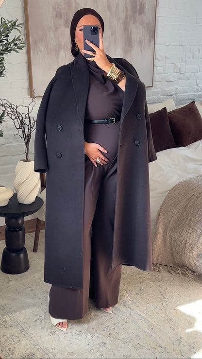 [GAMME PREMIUM] Manteau ultra long en laine véritable | Marron dark chocolat