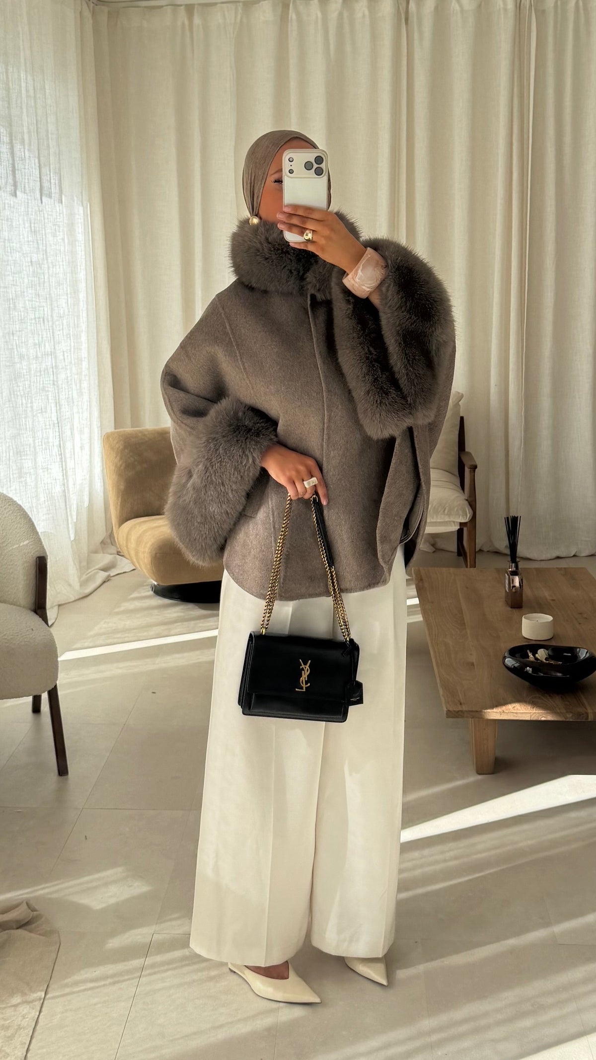 [GAMME LUXE] Manteau en laine à fourrure amovible cousu main | Taupe