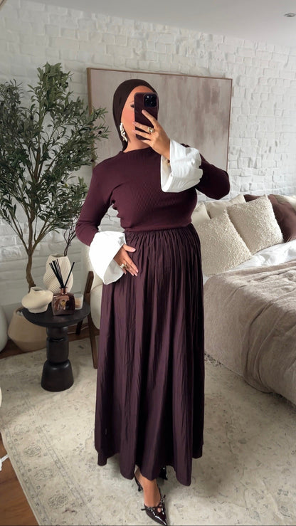 Robe ultra longue en maille fine et volant | Bordeaux