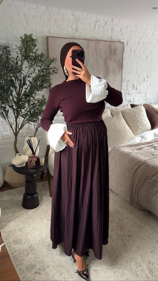 Robe ultra longue en maille fine et volant | Bordeaux
