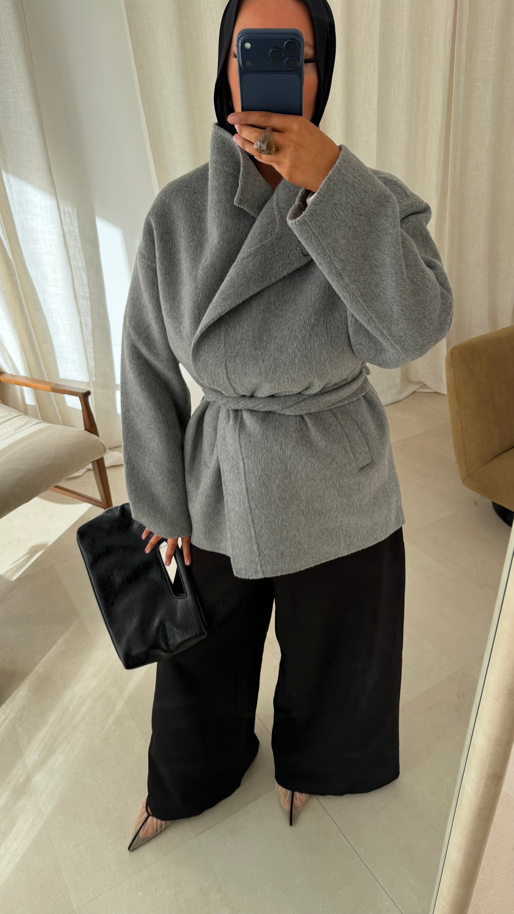 [GAMME LUXE] Manteau mi long cousu main en laine véritable | Gris