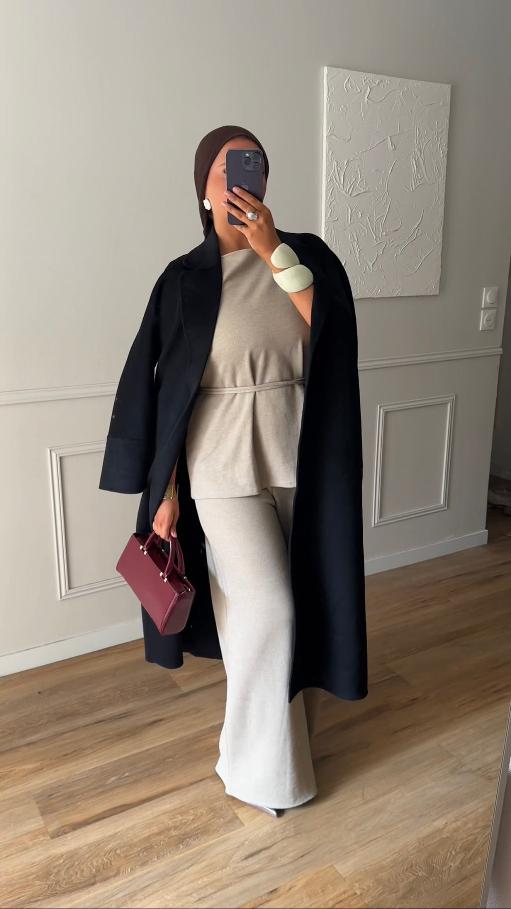 [GAMME PREMIUM] Manteau long en laine véritable fait main à ceinture | Noir