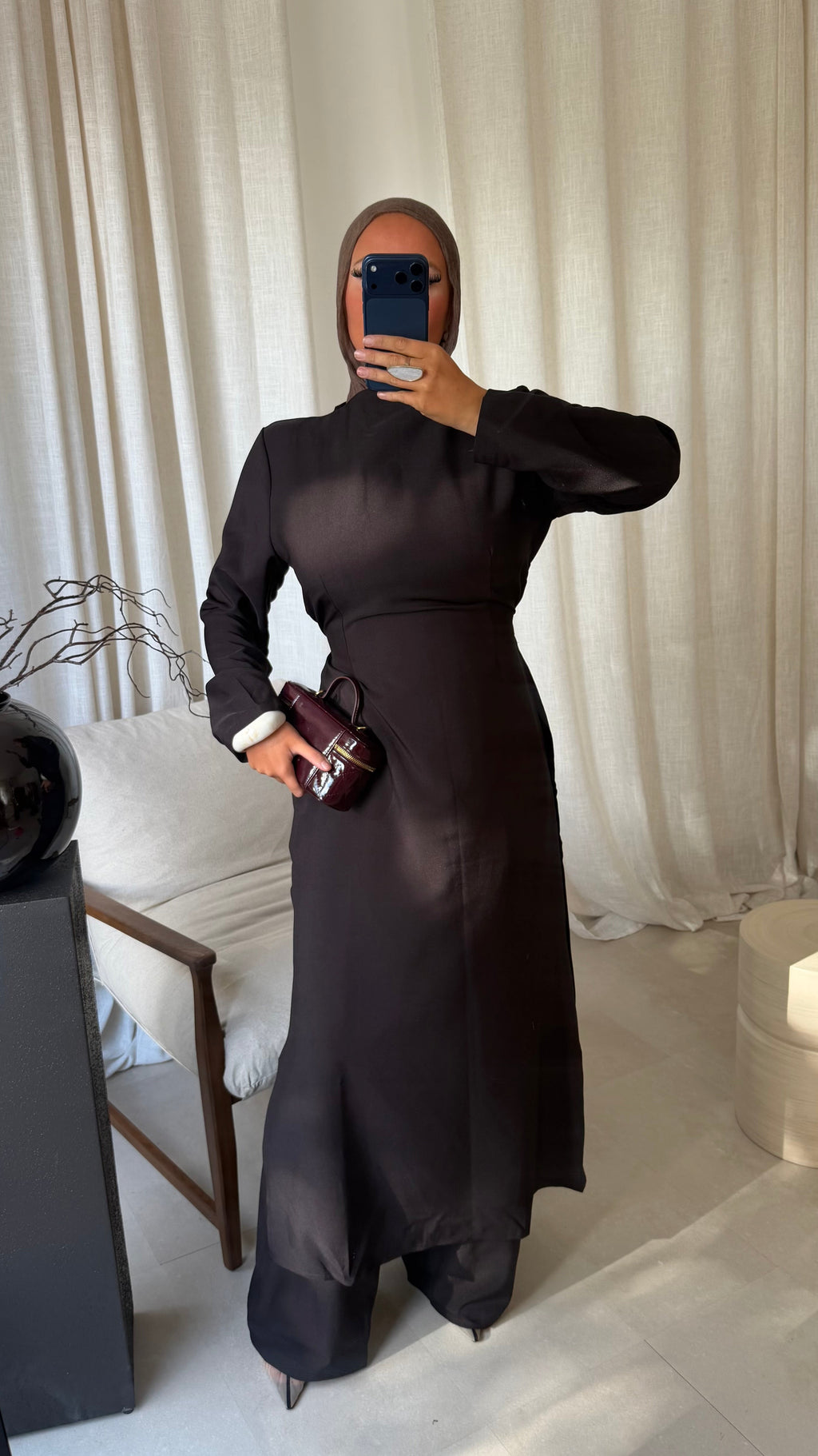 Ensemble deux pièces haut ultra long et pantalon ALBA | Marron
