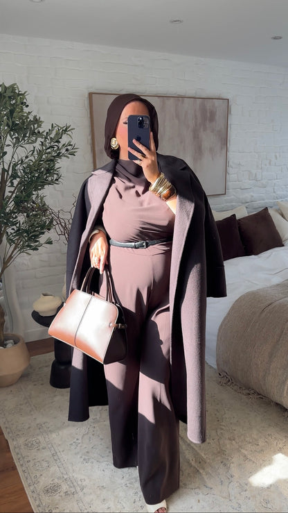 [GAMME PREMIUM] Manteau long en laine véritable fait main à ceinture | Marron dark chocolat