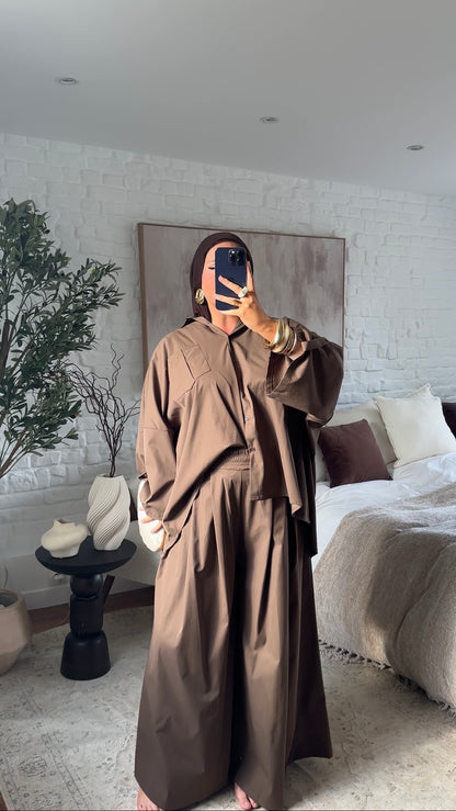 [GAMME LUXE] Chemise longue et large luxe en coton et satin | Marron