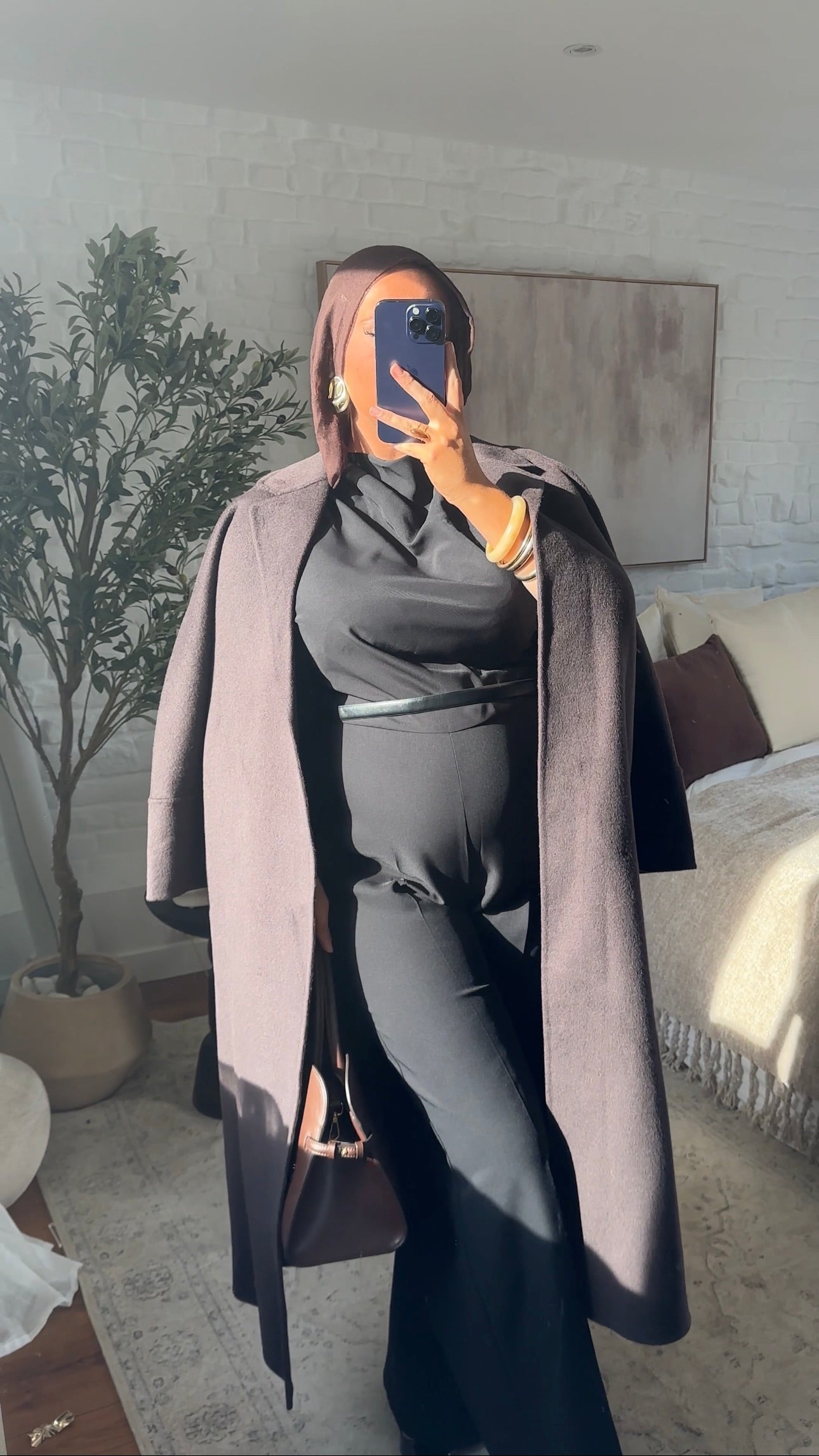 [GAMME PREMIUM] Manteau long en laine véritable fait main à ceinture | Marron dark chocolat