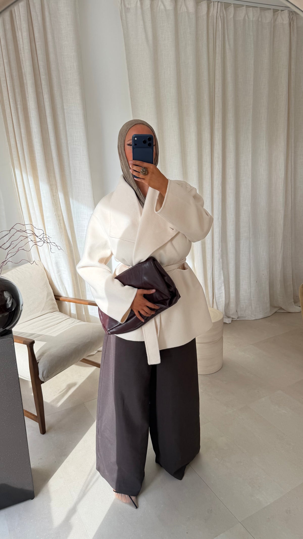 [GAMME LUXE] Manteau mi long en laine véritable à ceinture fait main | Écru