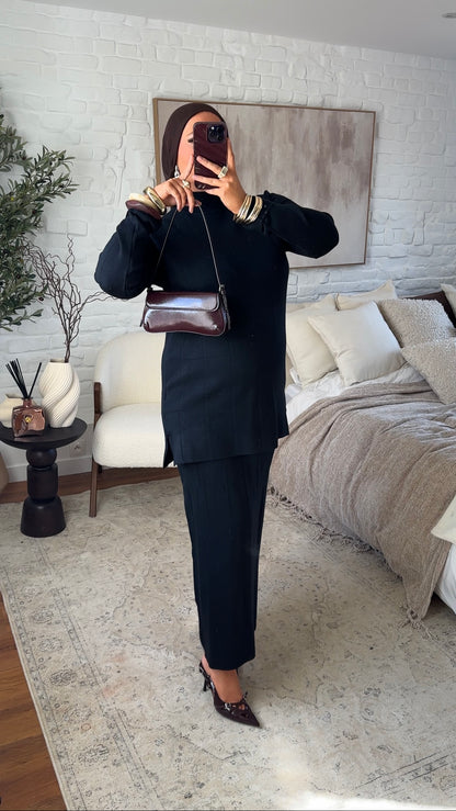 Ensemble comfy en maille à jupe longue et col montant | Noir