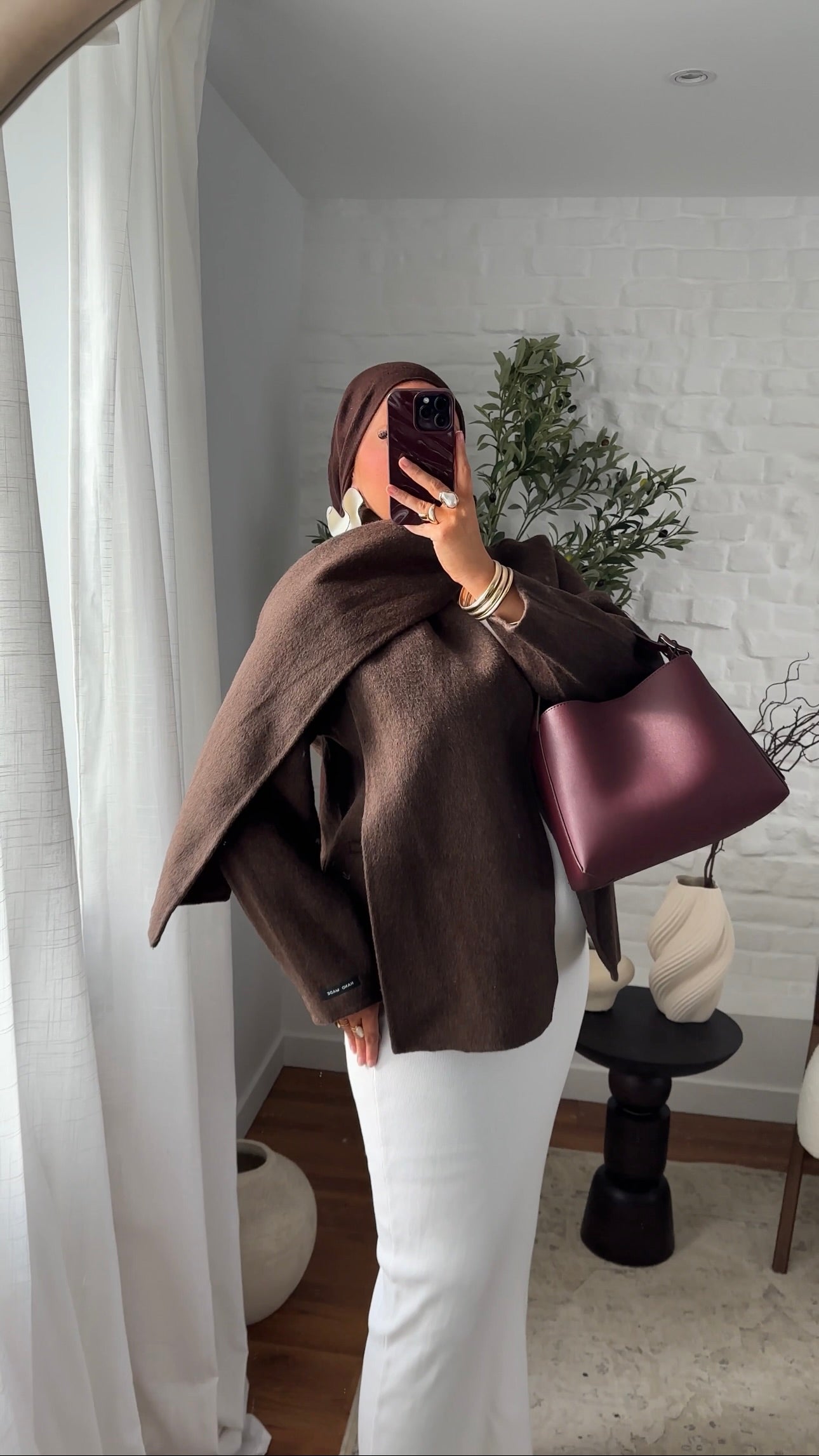 [GAMME LUXE] Manteau mi long en cachemire véritable à cape intégrée | Marron