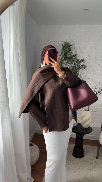 [GAMME LUXE] Manteau mi long en cachemire véritable à cape intégrée | Marron