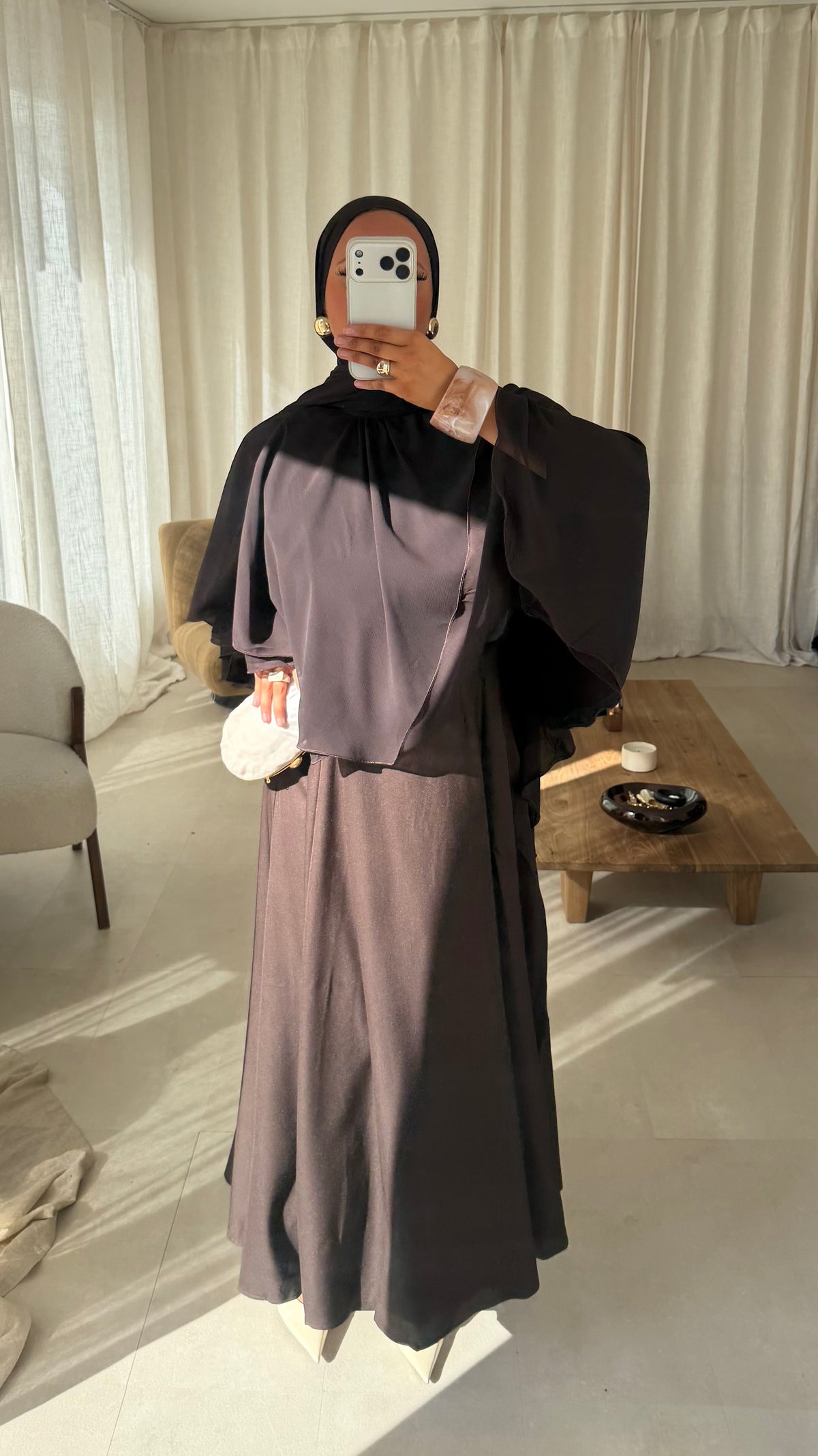 Robe ultra longue à manches courtes | Marron