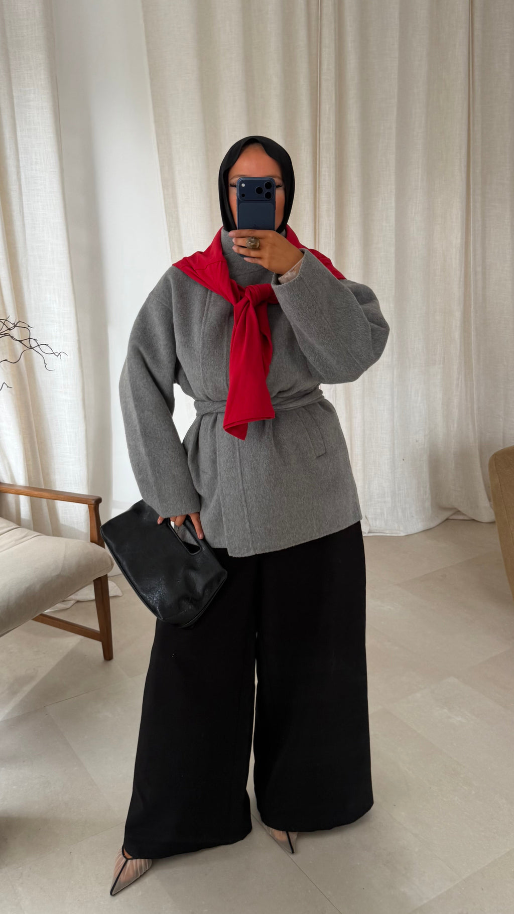 [GAMME LUXE] Manteau mi long cousu main en laine véritable | Gris